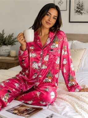 SHESHOW Christmas Satin Pajama Set XXL Pink Snowman Holiday Sleepwear NWT